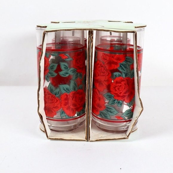 Vintage Crisa Red Roses Green Leaves Tumblers Set Of 4 16 OZ NEW - Picture 3 of 7